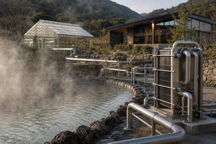 溫泉利用主圖：溫泉水與熱交換設備連接多元應用場域